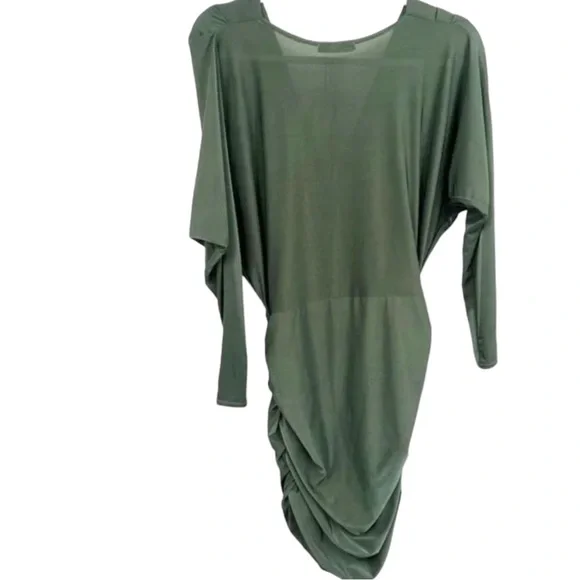 SOLD! Olive Green Surplice Batwing Midi Ruched Long Sleeve Dress Size Medium/8 - Picture 3 of 10